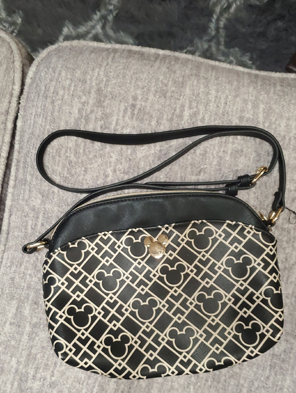 Like NEW Mickey Mouse Black & Cream Patterned Crossbody Bag with Gold Accent